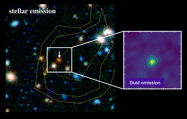 Porównanie obrazów uzyskanych z Kosmicznego Teleskopu Hubble’a (pokazującego emisję promieniowania pochodzącą  ze składnika gwiazdowego) i obraz uzyskany z interferometru ALMA (emisja pyłu)  galaktyki oddalonej od Ziemi o 11 miliardów lat (Credits: D. Donevski)
