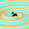 A frame from visualization of two black holes colliding into a single hole and emitting gravitational waves