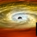 Wizja artystyczna i zdjęcie rentgenowskie galaktyki MRK 1216 typu "red nugget". Źródło: X-ray: NASA/CXC/MTA-Eötvös University/N. Werner et al., Ilustracja: NASA/CXC/M. Weiss