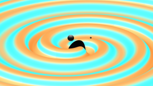 A frame from visualization of two black holes colliding into a single hole and emitting gravitational waves. See the entire film  produced in Max Planck Institute for Gravitational Physics