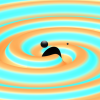 A frame from visualization of two black holes colliding into a single hole and emitting gravitational waves