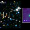 Porównanie obrazów uzyskanych z Kosmicznego Teleskopu Hubble’a (pokazującego emisję promieniowania pochodzącą  ze składnika gwiazdowego) i obraz uzyskany z interferometru ALMA (emisja pyłu)  galaktyki oddalonej od Ziemi o 11 miliardów lat (Credits: D. Donevski)